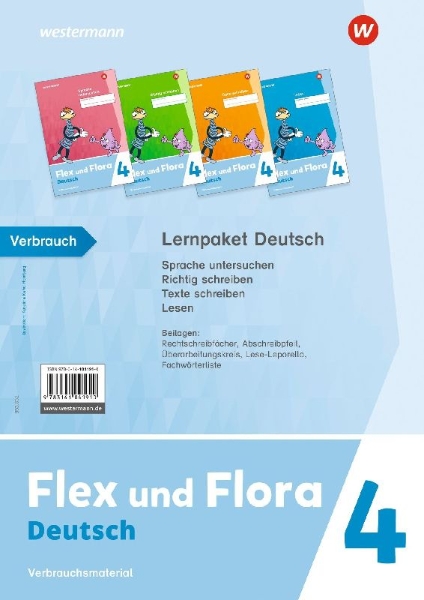 Buchcover und Innenansicht für das Buch: Flex und Flora 4. Lernpaket Deutsch (Druckschrift) Verbrauchsmaterial