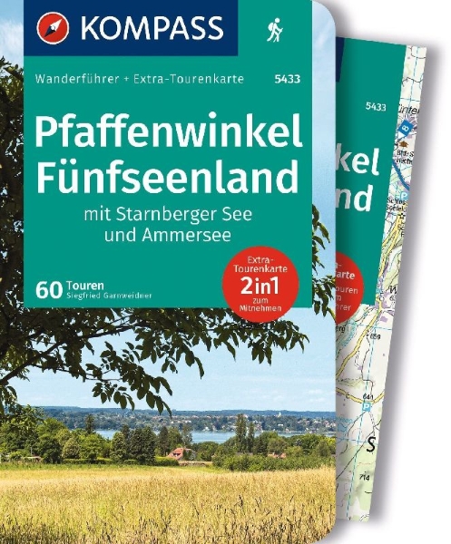 Buchcover und Innenansicht für das Buch: KOMPASS Wanderführer Pfaffenwinkel, Fünfseenland, Starnberger See, Ammersee, 60 Touren mit Extra-Tourenkarte
