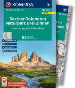 Buchcover und Innenansicht für das Buch: KOMPASS Wanderführer Sextner Dolomiten, Naturpark Drei Zinnen - Herausragende Dolomiten, 50 Touren mit Extra-Tourenkarte