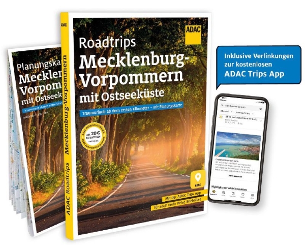 Buchcover und Innenansicht für das Buch: ADAC Roadtrips Mecklenburg-Vorpommern mit Ostseeküste