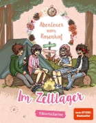 Buchcover und Innenansicht für das Buch: Abenteuer vom Rosenhof. Im Zeltlager