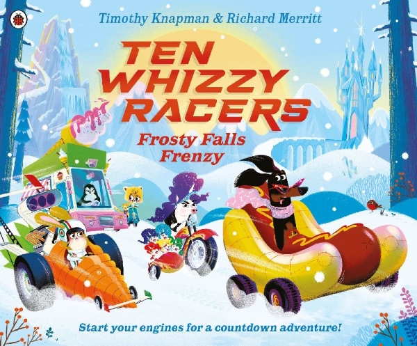 Buchcover und Innenansicht für das Buch: Ten Whizzy Racers: Frosty Falls Frenzy
