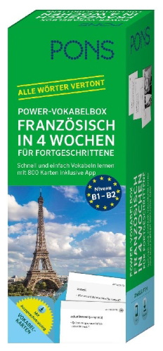 Buchcover und Innenansicht für das Buch: PONS Power-Vokabelbox Französisch in 4 Wochen für Fortgeschrittene