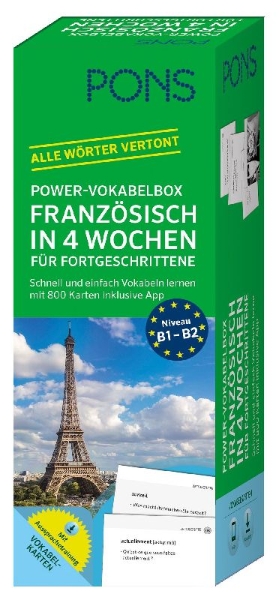 Buchcover und Innenansicht für das Buch: PONS Power-Vokabelbox Französisch in 4 Wochen für Fortgeschrittene