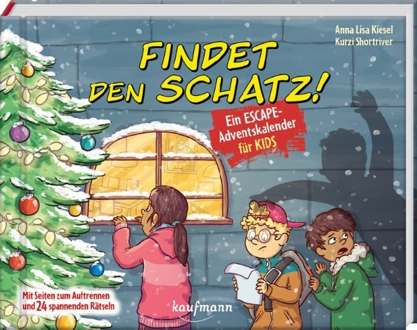 Buchcover und Innenansicht für das Buch: Findet den Schatz! - Ein Escape-Adventskalender für Kids