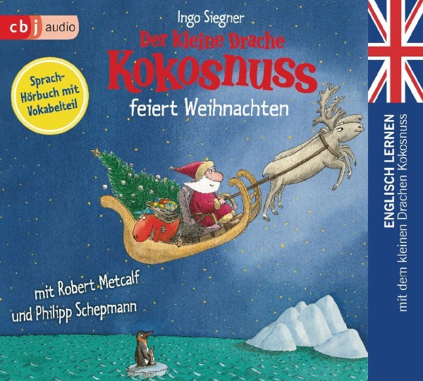 Buchcover und Innenansicht für das Buch: Der kleine Drache Kokosnuss feiert Weihnachten