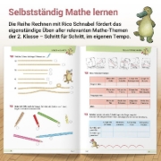 Buchcover und Innenansicht für das Buch: Rechnen mit Rico Schnabel Klasse 2, Heft 3 - Selbstständig Größen und Sachrechnen trainieren