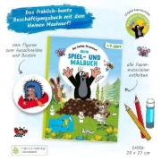 Buchcover und Innenansicht für das Buch: Trötsch Der kleine Maulwurf Mein Spiel- und Malbuch
