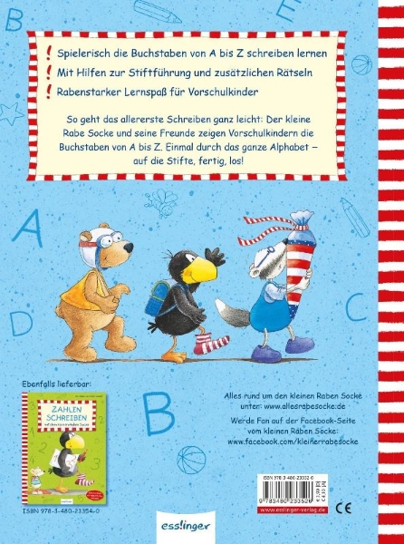 Buchcover und Innenansicht für das Buch: Buchstaben schreiben mit dem kleinen Raben Socke
