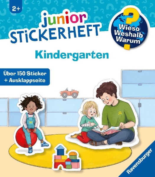 Buchcover und Innenansicht für das Buch: Wieso? Weshalb? Warum? junior Stickerheft - Kindergarten
