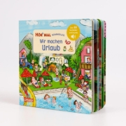 Buchcover und Innenansicht für das Buch: Hör mal (Soundbuch): Wimmelbuch: Wir machen Urlaub