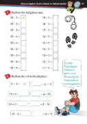 Buchcover und Innenansicht für das Buch: Die drei ??? Kids: Mein Übungsheft Mathe 1. Klasse - Rechnen bis 20