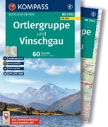 Buchcover und Innenansicht für das Buch: KOMPASS Wanderführer Ortlergruppe und Vinschgau, 60 Touren mit Extra-Tourenkarte