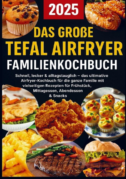 Buchcover und Innenansicht für das Buch: Das große Tefal Airfryer Familienkochbuch: 300 einfache & gesunde Rezepte für die Heißluftfritteuse - perfekt für jeden Tefal Airfryer