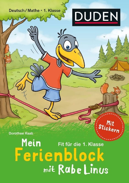 Buchcover und Innenansicht für das Buch: Mein Ferienblock mit Rabe Linus - Fit für die 1. Klasse