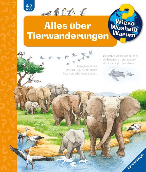 Buchcover und Innenansicht für das Buch: Wieso? Weshalb? Warum?, Band 37: Alles über Tierwanderungen