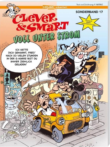 Buchcover und Innenansicht für das Buch: Mortadelo y Filemon: El coche eléctrico