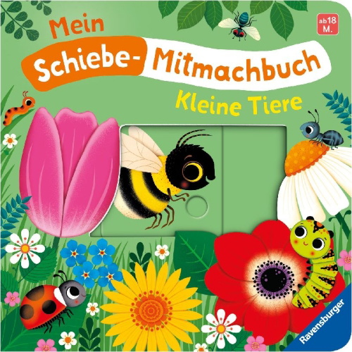 Buchcover und Innenansicht für das Buch: Mein Schiebe-Mitmachbuch - Kleine Tiere
