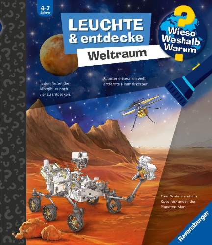 Buchcover und Innenansicht für das Buch: Wieso? Weshalb? Warum? Leuchte und entdecke - Weltraum