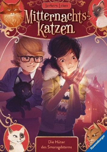 Buchcover und Innenansicht für das Buch: Mitternachtskatzen, Band 2: Die Hüter des Smaragdsterns (Katzenflüsterer-Fantasy in London für Kinder ab 9 Jahren)