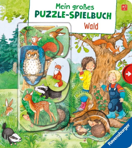 Buchcover und Innenansicht für das Buch: Mein großes Puzzle-Spielbuch - Wald