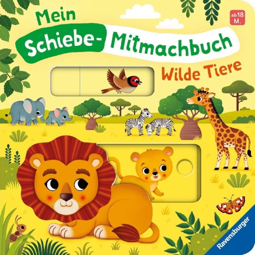 Buchcover und Innenansicht für das Buch: Mein Schiebe-Mitmachbuch - Wilde Tiere