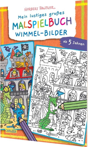 Buchcover und Innenansicht für das Buch: Mein lustiges großes Malspielbuch: Wimmel-Bilder (ab 5 Jahren)