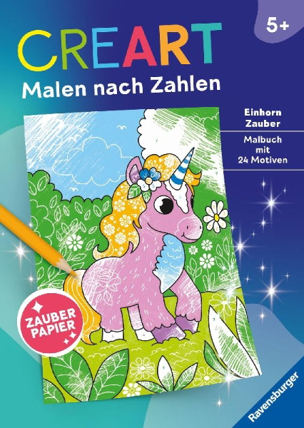 Buchcover und Innenansicht für das Buch: CreArt Malen nach Zahlen ab 5 - Zauberpapier: Einhorn Zauber