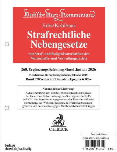 Buchcover und Innenansicht für das Buch: Strafrechtliche Nebengesetze 260. Ergänzungslieferung