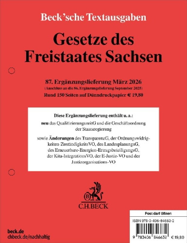 Buchcover und Innenansicht für das Buch: Gesetze des Freistaates Sachsen  87. Ergänzungslieferung