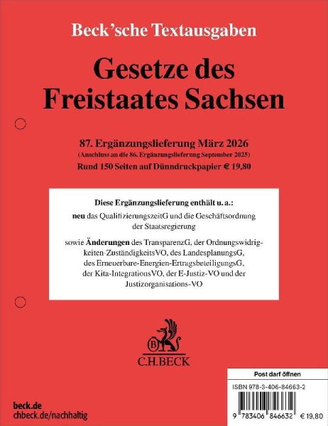 Buchcover und Innenansicht für das Buch: Gesetze des Freistaates Sachsen  87. Ergänzungslieferung