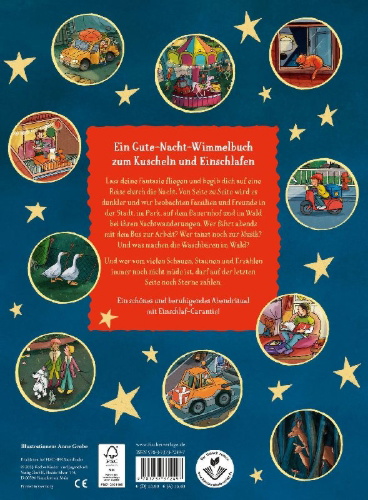 Buchcover und Innenansicht für das Buch: Sterne, Mond und Kuschelzeit. Unser großes Gute-Nacht-Wimmelbuch