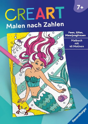 Buchcover und Innenansicht für das Buch: CreArt Malen nach Zahlen ab 7: Feen, Elfen, Meerjungfrauen