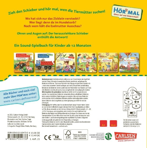 Buchcover und Innenansicht für das Buch: Mein erstes Hör mal (Soundbuch ab 1 Jahr): Die Tierkinder