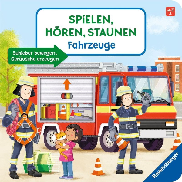 Buchcover und Innenansicht für das Buch: Spielen, hören, staunen - Fahrzeuge