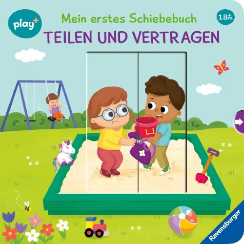Buchcover und Innenansicht für das Buch: Play+ Mein erstes Schiebebuch Teilen und vertragen - ab 18 Monate