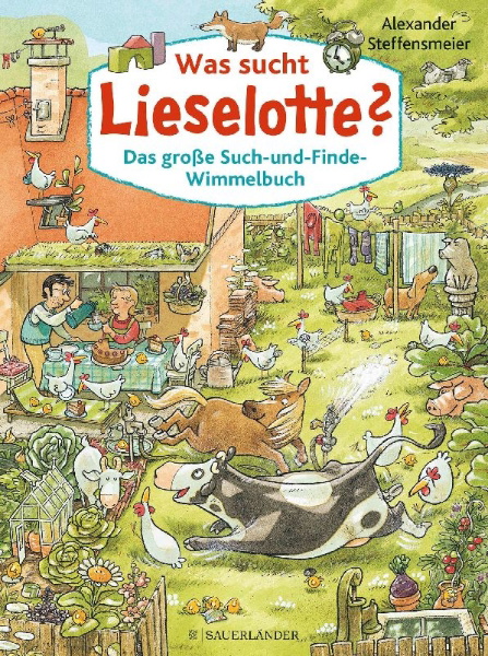 Buchcover und Innenansicht für das Buch: Was sucht Lieselotte? Das große Such-und-Finde-Wimmelbuch