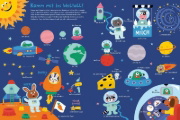 Buchcover und Innenansicht für das Buch: Dinos, Feen und Weltraumhelden: Mein kunterbuntes Bildwörterbuch