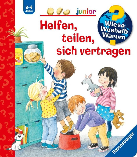 Buchcover und Innenansicht für das Buch: Wieso? Weshalb? Warum? junior, Band 66: Helfen, teilen, sich vertragen
