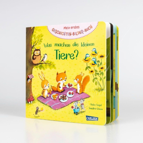 Buchcover und Innenansicht für das Buch: Mein erstes Geschichten-Bilder-Buch: Was machen die kleinen Tiere?