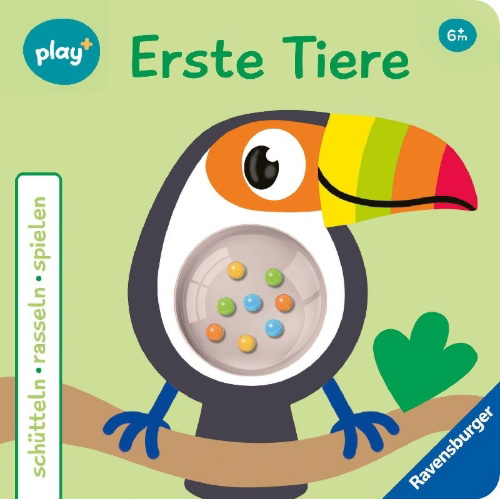 Buchcover und Innenansicht für das Buch: Play+ Schütteln, rasseln, spielen Erste Tiere - ab 6 Monate