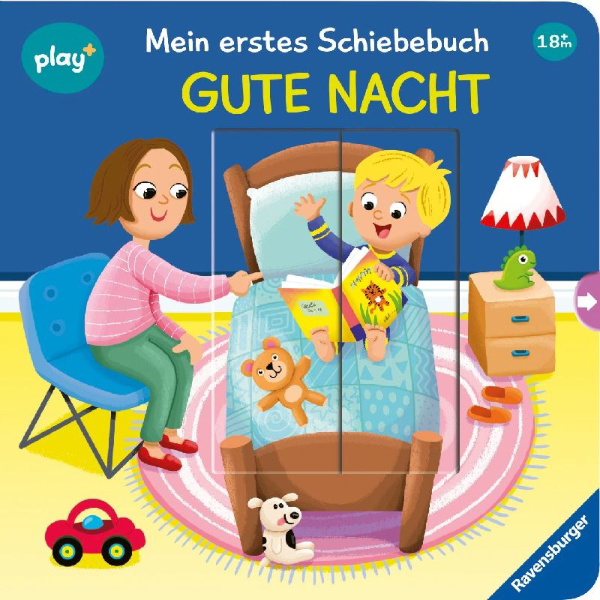 Buchcover und Innenansicht für das Buch: Play+ Mein erstes Schiebebuch Gute Nacht - ab 18 Monate