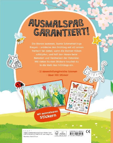 Buchcover und Innenansicht für das Buch: Mein Ausmalstickerbuch - Frühling