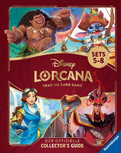 Buchcover und Innenansicht für das Buch: Disney Lorcana Trading Card Game - Der offizielle Collector's Guide: Sets 5-8 - Buch zum Spiel
