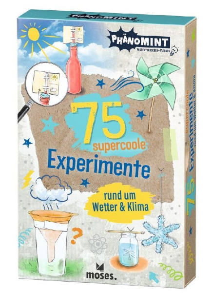 Buchcover und Innenansicht für das Buch: PhänoMINT 75 supercoole Experimente rund um Wetter & Klima