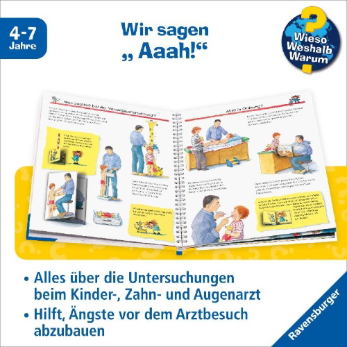 Buchcover und Innenansicht für das Buch: Wieso? Weshalb? Warum?, Band 9: Zu Besuch beim Kinderarzt