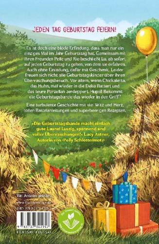 Buchcover und Innenansicht für das Buch: Die Geburtstagsbande. Auf die Plätze, fertig, feiern!