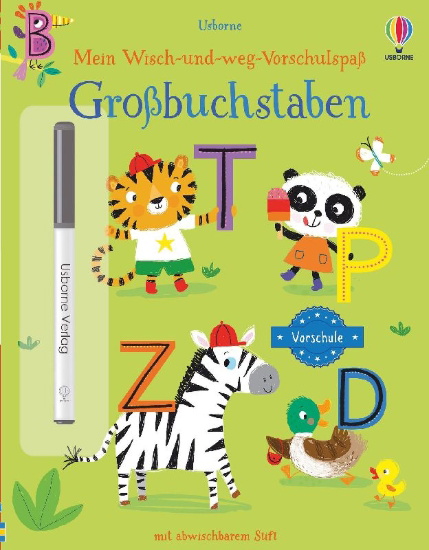Buchcover und Innenansicht für das Buch: Mein Wisch-und-weg-Vorschulspaß: Großbuchstaben