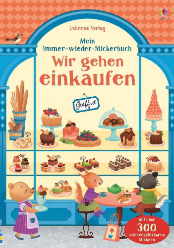 Buchcover und Innenansicht für das Buch: Mein Immer-wieder-Stickerbuch: Wir gehen einkaufen
