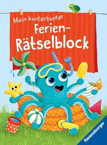 Buchcover und Innenansicht für das Buch: Ravensburger Mein kunterbunter Ferien-Rätselblock - Rätselspaß im Urlaub, auf Reisen oder Zuhause - Ferien Unterhaltung für Kinder von 7 bis 9 Jahren